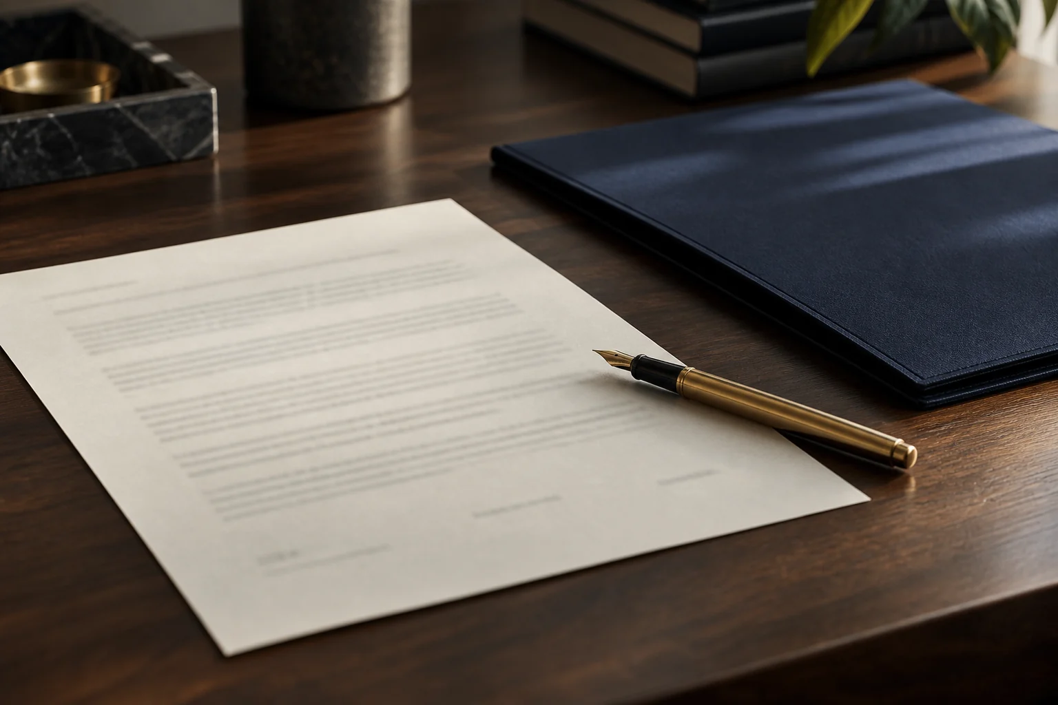 Editorial illustration: documents and a pen on a desk, representing business law advice